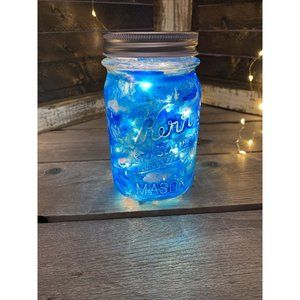 Lighted Mason Jar Metallic Blue Glittered Marbled Nightlight Home Decor